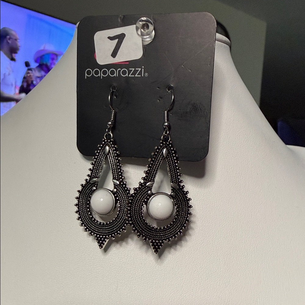 Paparazzi Black Filigree Teardrop Earrings with White Cabochon